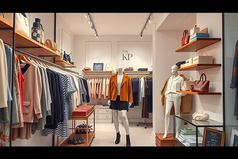Stylish boutique, showcasing an array of fashionable clothing and accessories, a mannequin dressed in a chic outfit near the entrance, and a soft color palette creating an inviting atmosphere.