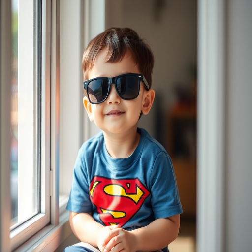 Capture a young child sitting in a window with a relaxed expression, wearing sunglasses and a Superman shirt, use a 50mm lens at f/1.8 for a shallow depth of field, shoot in natural light for a soft glow, set ISO to 100 for clarity, and use a DSLR camera to enhance image quality.