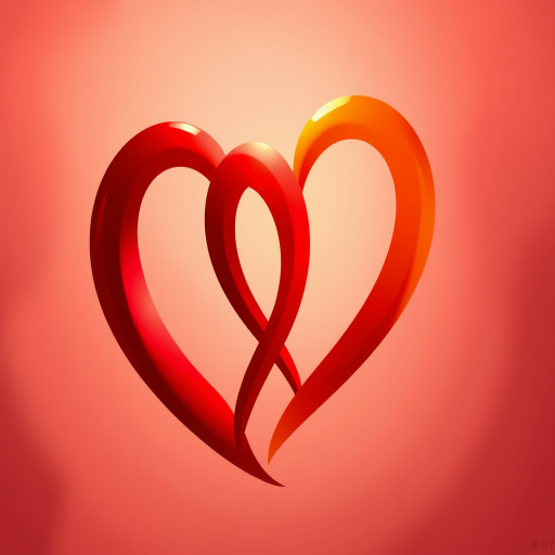 Create a high-resolution digital illustration of two intertwined hearts with a smooth gradient from deep red to orange, using a 50mm lens at f/2.8 aperture, captured in a soft-focus style with a DSLR camera.