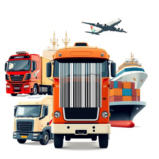 Create a high-quality vector illustration of various modes of transportation including a train, truck, cargo ship, and airplane, with a prominent barcode at the center, utilizing a Canon EOS R5 with a 50mm f/1.2 lens, aperture set to f/8, ISO 200, natural light, and a clean white background for enhanced clarity and detail.