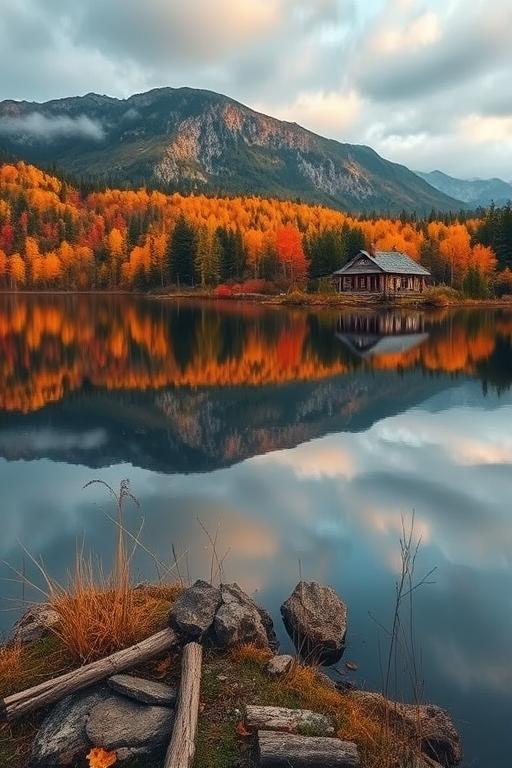 Generate a serene landscape image featuring a calm lake reflecting vibrant autumn colors with a rustic cabin by the water's edge, using a Canon EOS R5, aperture f/8, shutter speed 1/250s, ISO 200, in a wide-angle view to capture the expansive scenery, with a focus on enhancing clarity and color saturation.