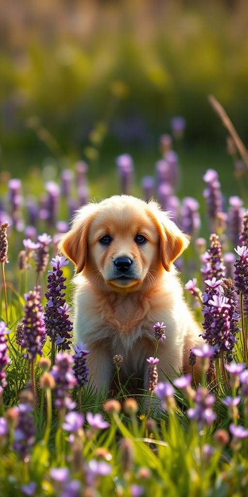 A fluffy golden puppy sitting in a meadow filled with purple flowers, soft sunlight illuminating the scene, Canon EOS R5, 85mm lens, f/1.8, ISO 200, shallow depth of field, natural lighting.