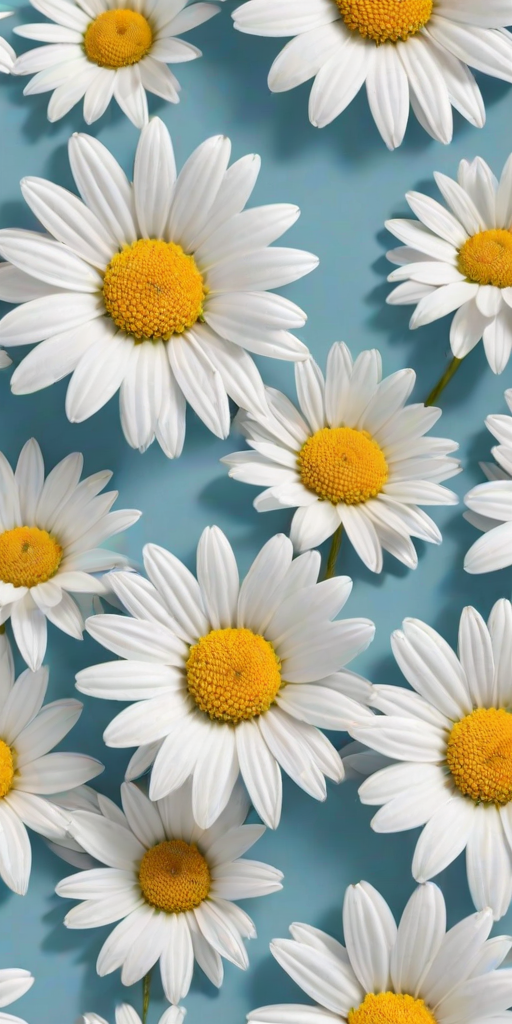 Create a seamless pattern of white daisies with yellow centers on a light blue background.