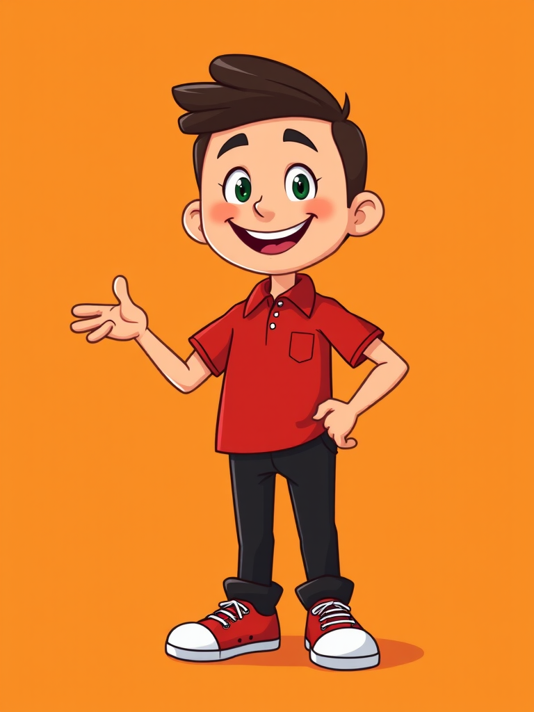 Create a digital illustration of a cartoon character with a friendly expression, wearing a red polo shirt, black pants, and sneakers, standing with one hand gesturing outward; use a vibrant orange background, enhance colors for visual impact, set camera at 50mm focal length, f/8 aperture, and ISO 100 for sharpness and clarity.