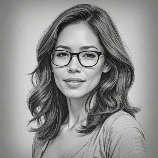 Stunning Michaela Conlin, pencil sketch, portrait of Attractive woman 1971s in glasses, hair style beatnik, outline, clear lines, fine lines, 8k