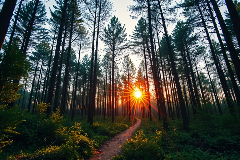 Create a high-resolution image of a serene forest landscape at sunrise, soft natural lighting, 50mm f/1.8 lens, ISO 100, aperture priority mode, with a focus on vibrant colors and sharp details, captured with a DSLR camera from a low angle to emphasize depth.