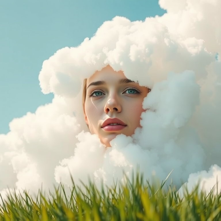 create a surreal image of a human face emerging from a soft cloud-like background, shot with a Canon EOS R5 at f/1.8, ISO 100, 50mm lens, using a shallow depth of field and soft focus to enhance ethereal quality, with a bright sky blue backdrop and green grass at the bottom.
