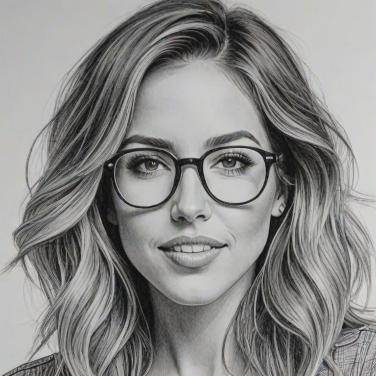 Radiant Kaitlyn Bristowe, pencil sketch, portrait of Dazzling woman 1976s in glasses, hair style beatnik, outline, clear lines, fine lines, 8k