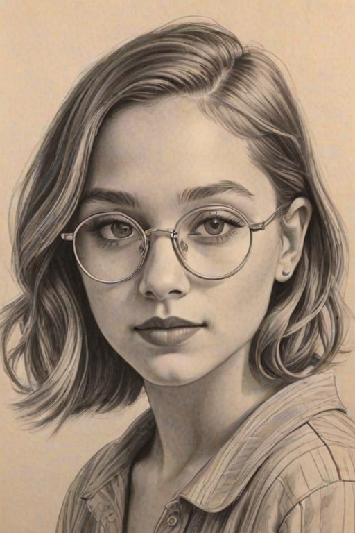 Radiant Kenzie Ziegler, pencil sketch, portrait of Superb woman 1927s in glasses, hair style beatnik, outline, clear lines, fine lines, 8k
