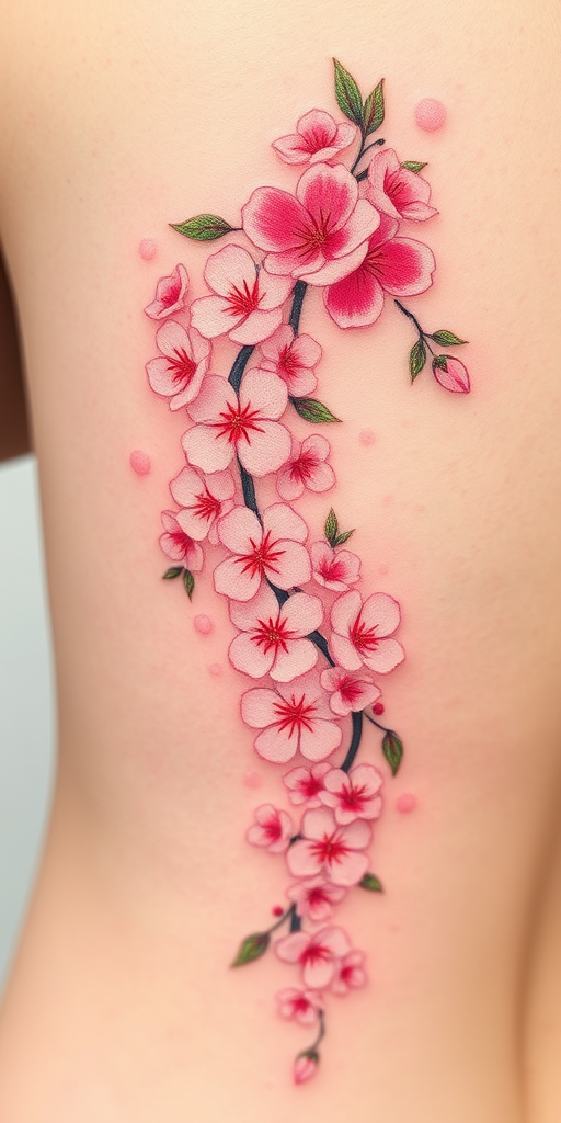 Elegant "Cherry Blossom Cascade" tattoo features delicate pink and white flowers cascading down the body in a graceful arc. Soft watercolor effects create a dreamy, romantic atmosphere, while fine black linework adds definition to each petal. Subtle green leaves and branches provide contrast, completing this beautiful and feminine design inspired by Japanese art and nature.