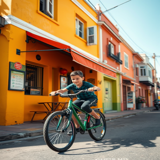 capture a vibrant street scene with a young boy riding a bicycle past a colorful restaurant, include bright yellow and orange walls and a clear blue sky, use a DSLR camera with a 35mm lens, aperture f/8, shutter speed 1/250s, focus on the boy with a slight motion blur for dynamic effect, shoot from a low angle to emphasize the foreground and background contrast