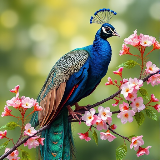 Create a vibrant illustration of a peacock perched on a flowering branch, focusing on intricate details of the feathers and blossoms, with a soft-focus background, using a DSLR camera with a 50mm lens, aperture set at f/1.8 for bokeh effect, ISO 100, and a wide-angle view for depth.