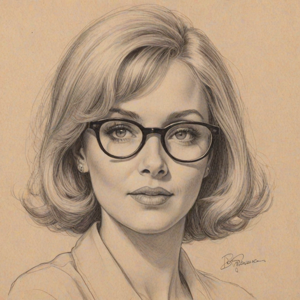 Appealing Barbara Crampton, pencil sketch, portrait of Bewitching woman 1954s in glasses, hair style beatnik, outline, clear lines, fine lines, 8k