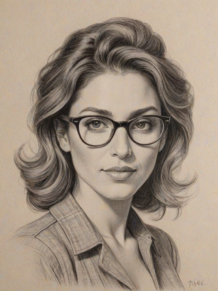 Alluring Jennifer Esposito, pencil sketch, portrait of Pleasing woman 1948s in glasses, hair style beatnik, outline, clear lines, fine lines, 8k