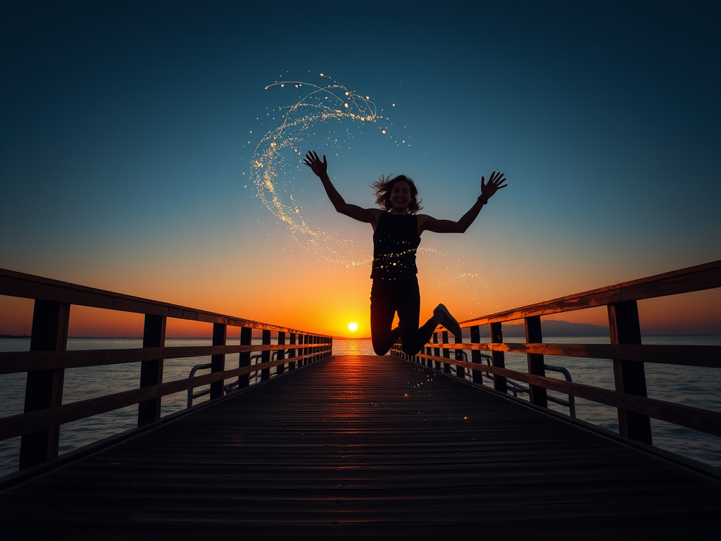 Create a silhouette of a person jumping joyfully on a wooden pier at sunrise, with a dreamy swirl of lights and sparkles around them, captured with a DSLR camera at f/2.8, ISO 100, shutter speed 1/1000s, wide-angle lens, 24mm view, soft focus background.