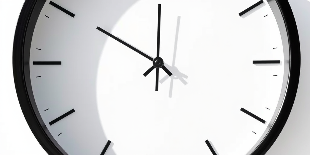 Create a high-resolution image of a minimalist clock design with a white background, black circular frame, clear hour and minute hands, use a 50mm lens, aperture f/2.8, ISO 100, and natural lighting to enhance clarity and contrast.