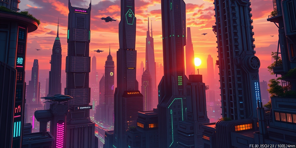 Create a detailed illustration of a futuristic cityscape at sunset, featuring towering skyscrapers with neon lights, flying vehicles, and greenery integrated into the architecture, shot with a DSLR camera at f/2.8, ISO 100, 24mm lens, using a wide-angle perspective for depth and vibrant color enhancement.