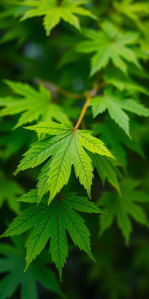 close-up shot of vibrant green maple leaves with a shallow depth of field, aperture f/2.8, ISO 100, 50mm lens, natural light, DSLR camera, soft focus background for enhanced image quality