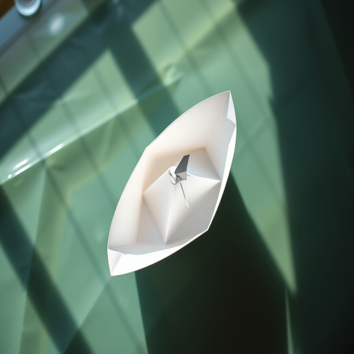 Create a high-resolution image of a paper boat, captured with a DSLR camera using a 50mm lens, f/2.8 aperture, ISO 100, from a top-down view with soft natural lighting to enhance the details and texture of the paper.