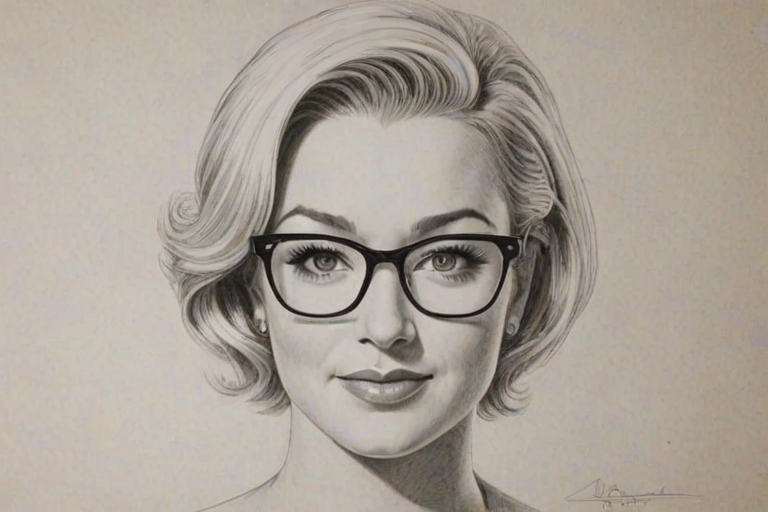 Splendid Kellie Pickler, pencil sketch, portrait of Graceful woman 1953s in glasses, hair style beatnik, outline, clear lines, fine lines, 8k