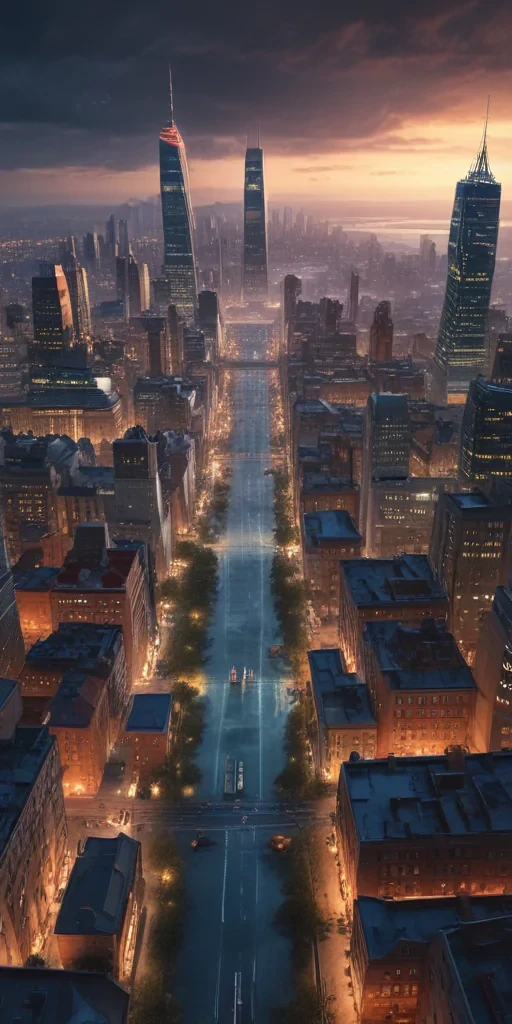 Stunning Aerial View of a Cityscape at Dusk with Towering Skyscrapers