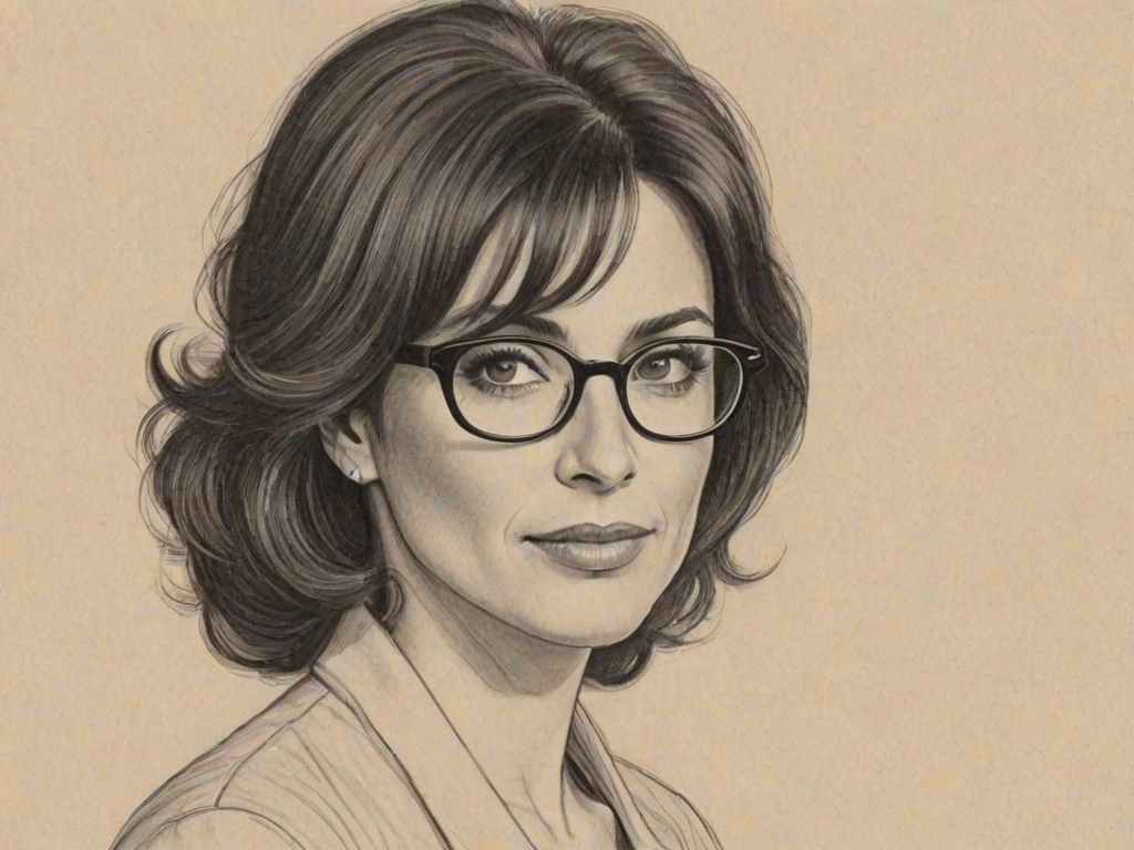 Magnificent Lisa Edelstein, pencil sketch, portrait of Graceful woman 1963s in glasses, hair style beatnik, outline, clear lines, fine lines, 8k