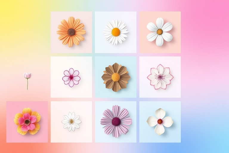 Create a high-quality digital illustration of various flower designs arranged in a 3x3 grid, featuring a modern minimalist style with a vibrant gradient background, captured with a Canon EOS 5D Mark IV, 50mm lens, f/2.8 aperture, ISO 100, and soft diffused lighting.