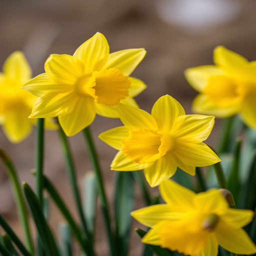 Capture a close-up of vibrant yellow daffodils against a soft-focus background using a DSLR camera with a 50mm lens, aperture set to f/2.8 for shallow depth of field, ISO 200, and a shutter speed of 1/400 sec to enhance detail and color vibrancy.