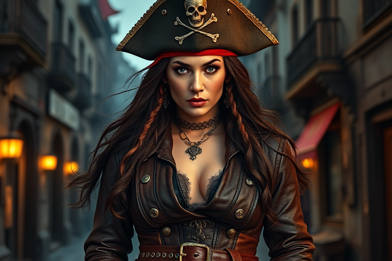 Create a portrait of a fierce female pirate. She wears a leather tricorn hat adorned with a skull and crossbones emblem, and her long, dark hair flows around her face. Her outfit consists of a richly detailed leather jacket, a corset, and multiple layers of belts and accessories, giving her a formidable and stylish appearance. She stands confidently in a dimly lit, historic port town, with a backdrop of weathered buildings and cobblestone streets, capturing the adventurous spirit of a pirate.