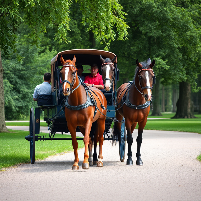 Regenerate the image of a horse-drawn carriage with two horses and three people sitting on it in a lush green park setting, using a DSLR camera with a 50mm lens, aperture set to f/2.8 for shallow depth of field, ISO 100 for clarity, and a soft focus effect to enhance the overall quality.