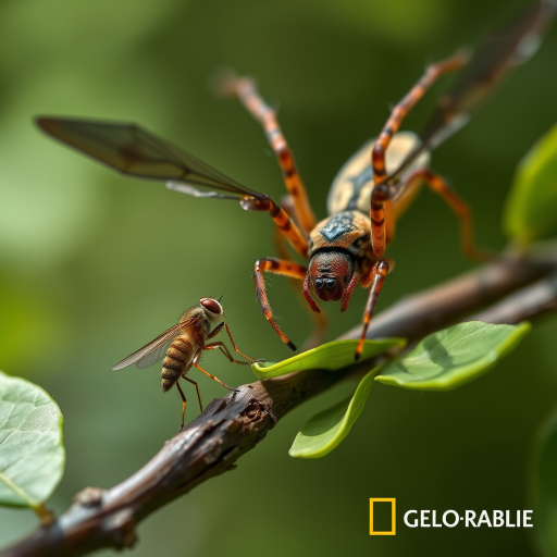 Spectacular photography, 300dpi, digital noise free, extremely clear, ultra-realistic, inside focus, best angle view, with intricate details of a small and tiny fly, standing on a branch of a tree, partially covered with green leaves. A large and majestic spider, flying over the fly, right in front of the spider with its body arched and the sting completely out of its abdomen pointing at the fly's body and prepared in an attacking and aggressive position, stares at it and watches stealthily. Both within focus . Proportion of size. Light of day. National Geographic style