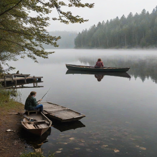 Small dock by a misty lake, with old wooden rowboats tied to the pier, a woman in a flannel shirt sits at the edge, feet dangling, her fishing pole resting beside her.