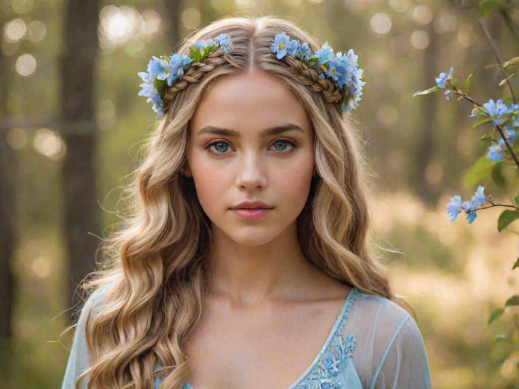 Create an image of a young Latino woman with long, wavy blonde hair, adorned with small, colorful flowers woven into her braids and loose strands. Her complexion is fair, with soft, glowing skin, and she has light blue eyes that gaze softly at the viewer. She wears a light, flowing dress with a gentle, ethereal quality, complementing her delicate and serene appearance. The background is slightly blurred, drawing focus to her tranquil expression and the intricate details of the flowers in her hair. The overall mood of the image is one of natural beauty and grace, evoking a sense of peacefulness and connection with nature.