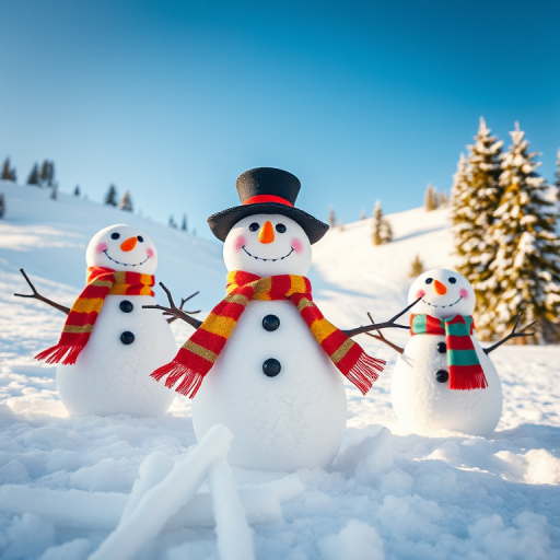 Create a vibrant winter scene featuring three cheerful snowmen in colorful scarves and a top hat, surrounded by snow-covered hills and evergreen trees under a clear blue sky, shot with a DSLR camera at f/8, 1/200s, ISO 100, using a wide-angle lens from a low angle for a playful perspective.