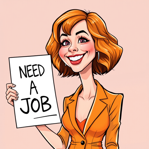 caricature of a smiling Emma Stone in a Tangerine dress or suit, holding up a sign that says "NEED A JOB", no watermark,