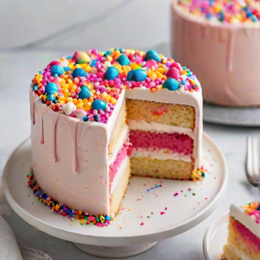 Generate an image of a two-layer white cake with pink frosting drizzled down the sides. The top of the cake is decorated with meringue kisses and colorful sprinkles. A slice of the cake is cut out, revealing a funfetti interior with more sprinkles. The cake is presented on a white plate with scattered sprinkles around it.