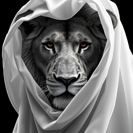 A hyper-realistic digital portrait of an lion with fabric draped over its head. The fabric is sheer and lightweight, allowing the contours of the lion’s face to show through, including its ears, eyes, and nose. The texture of the fabric is smooth and flowing, with delicate folds and creases that suggest softness and movement. The lion’s expression is serene and contemplative. The image focuses on the interplay of light and shadow on the fabric and the lion's face, creating a monochromatic palette of whites and grays. The background is a simple, nondescript dark shade to highlight the subject.