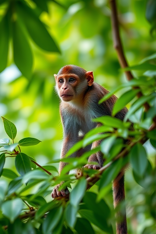 Capture a high-resolution image of a monkey sitting on a branch surrounded by lush green leaves in a tropical forest, using a Canon EOS R5 with a 100mm f/2.8 macro lens, aperture set to f/4, ISO 400, shutter speed 1/250s, in natural light with a shallow depth of field for a bokeh effect.