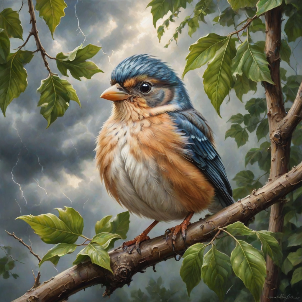 airbrushed oil painting,  a cute little bird, sitting on a branch with lush leaves, startled eyes, his feathers ruffled and blown up, leaves in the air, background bending trees in a forest, storm clouds