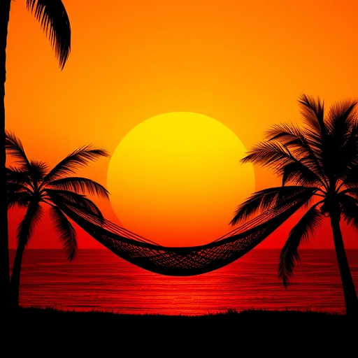 hammock silhouette against an orange sunset with rays of light, two palm trees on either side, vibrant colors, captured with a DSLR camera, aperture f/8, shutter speed 1/250s, ISO 100, landscape view, using a wide-angle lens for depth and clarity