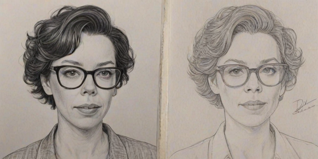Sublime Olivia Colman, pencil sketch, portrait of Delightful woman 1979s in glasses, hair style beatnik, outline, clear lines, fine lines, 8k