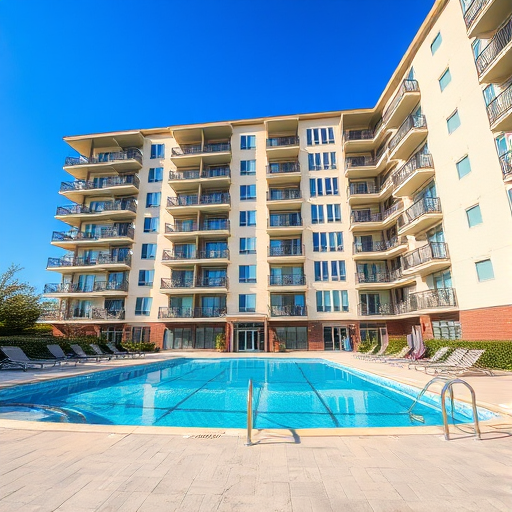high-resolution exterior shot of a modern apartment building featuring a swimming pool with lounge chairs, daytime with clear blue sky, wide-angle lens, f/8 aperture, ISO 100, 24mm focal length, DSLR camera, natural lighting, vibrant colors