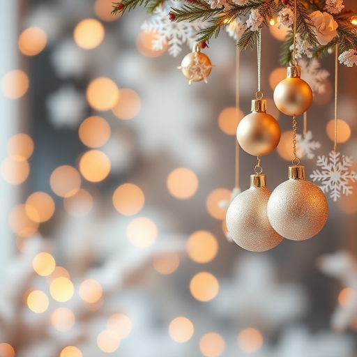 Generate a festive background featuring softly glowing golden lights, delicate white snowflakes, and elegant Christmas ornaments. The scene should evoke a warm and magical holiday atmosphere, with a gentle bokeh effect to enhance the dreamy quality. Include a mix of ornament shapes and sizes, suspended in a graceful arrangement.