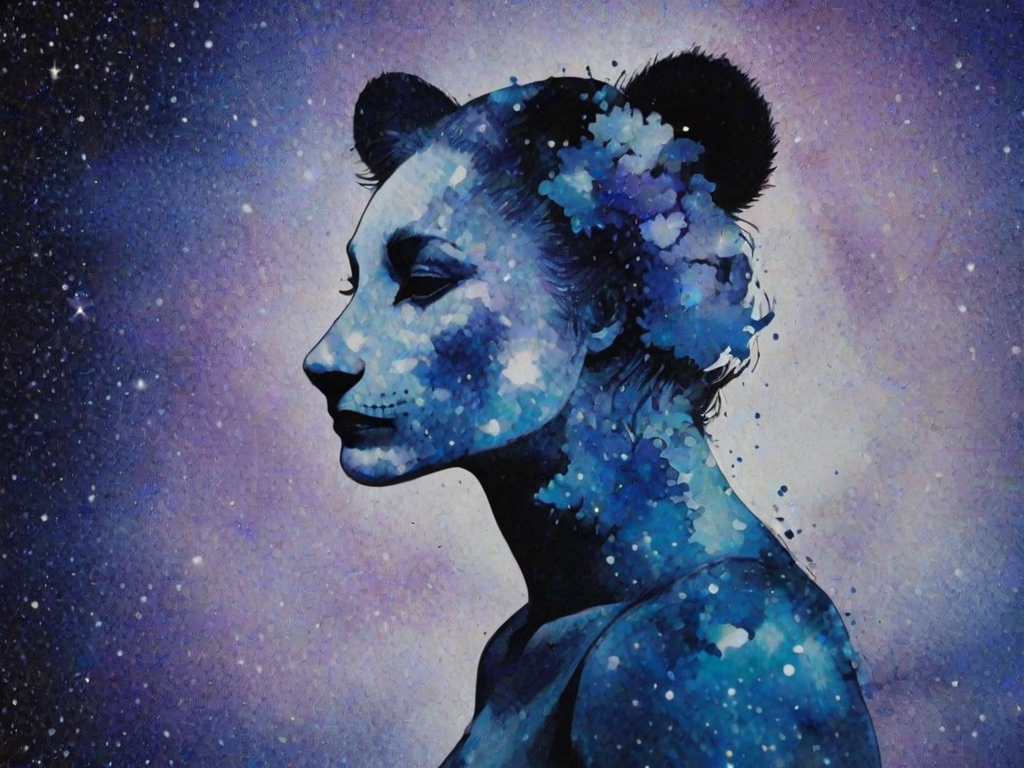 Captivating conceptual render alcohol ink art, double exposure, the paint strokes artfully merge combining a woman's full silhouette with a Lazy panda's silhouette. The figures are composed of a series of colored dots, lines & spots that evoke the image of a cosmic galaxy, colors are deep shades of blue purple & black with flashes of white & silver representing distant stars. The woman's silhouette is formed within the lion's silhouette from constellations of scattered stars, surreal