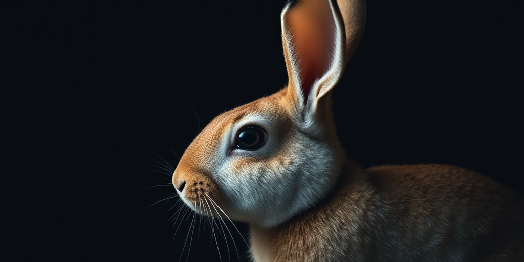 Capture a close-up side profile of a rabbit with its ears perked, using a Canon EOS R with a 50mm f/1.8 lens, aperture f/2.8, ISO 200, shutter speed 1/200s, in a moody dark backdrop with soft lighting to enhance texture and detail.