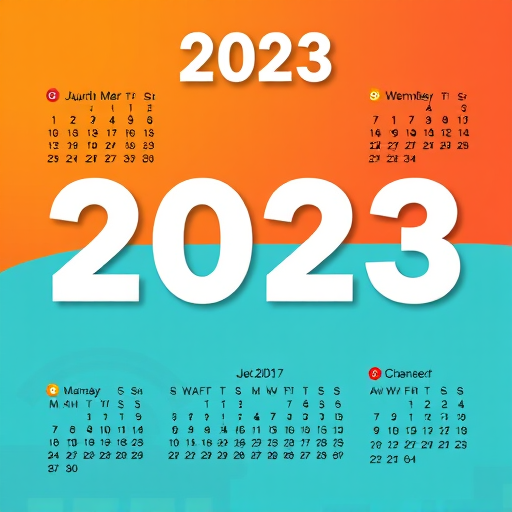 Create a high-resolution digital calendar graphic for 2023 with a modern design layout, vibrant colors, and clear typography, capturing an overhead view at a 50mm focal length using a DSLR camera at f/1.8 aperture, ISO 200, and a shutter speed of 1/125s to enhance image clarity and brightness.