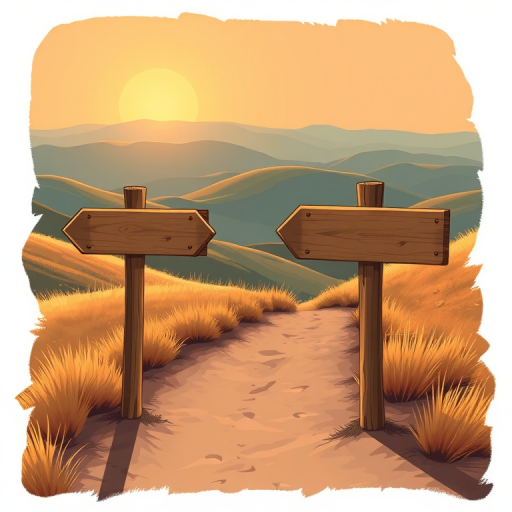 Create an illustration of two directional signs on a dirt path with rolling hills in the background, a bright sun rising above the hills, using a DSLR camera at f/8, ISO 200, 50mm lens, landscape view, sharp focus, and vibrant colors.