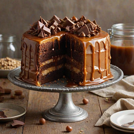 Create a decadent layered cake topped with a rich caramel sauce, chunks of chocolate, and crunchy toppings. The cake should have a moist texture and showcase a variety of flavors. Place it on a rustic cake stand with a simple cloth underneath. Include a small jar of caramel sauce beside the cake, with some toppings scattered around for a visually appealing presentation.