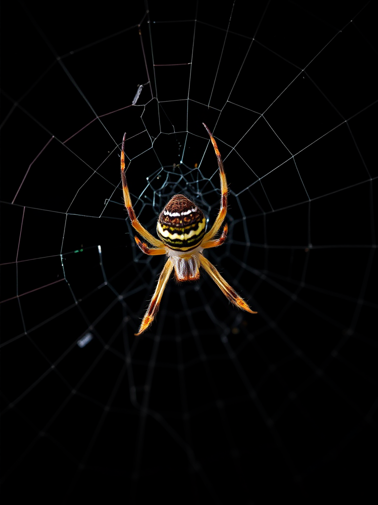 macro shot of a spider on a web against a dark background, aperture f/2.8, shutter speed 1/200s, ISO 100, 85mm lens, tripod mounted, natural lighting, focus on spider details