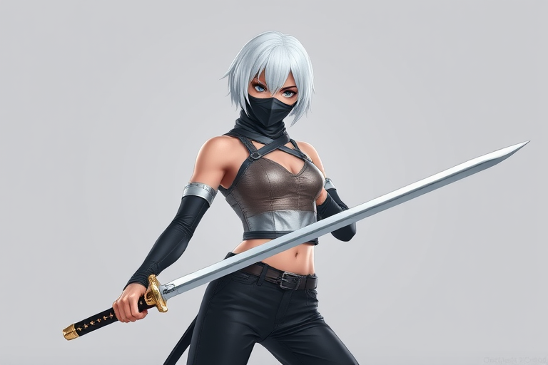 Regenerate an image of a confident, stylized female character with short white hair and a mask, holding a sword, wearing a metallic top and black pants, set against a neutral background; use a Canon EOS R5 camera, 50mm lens, f/2.8 aperture, ISO 100, 1/200s shutter speed, soft lighting for enhanced detail and clarity.